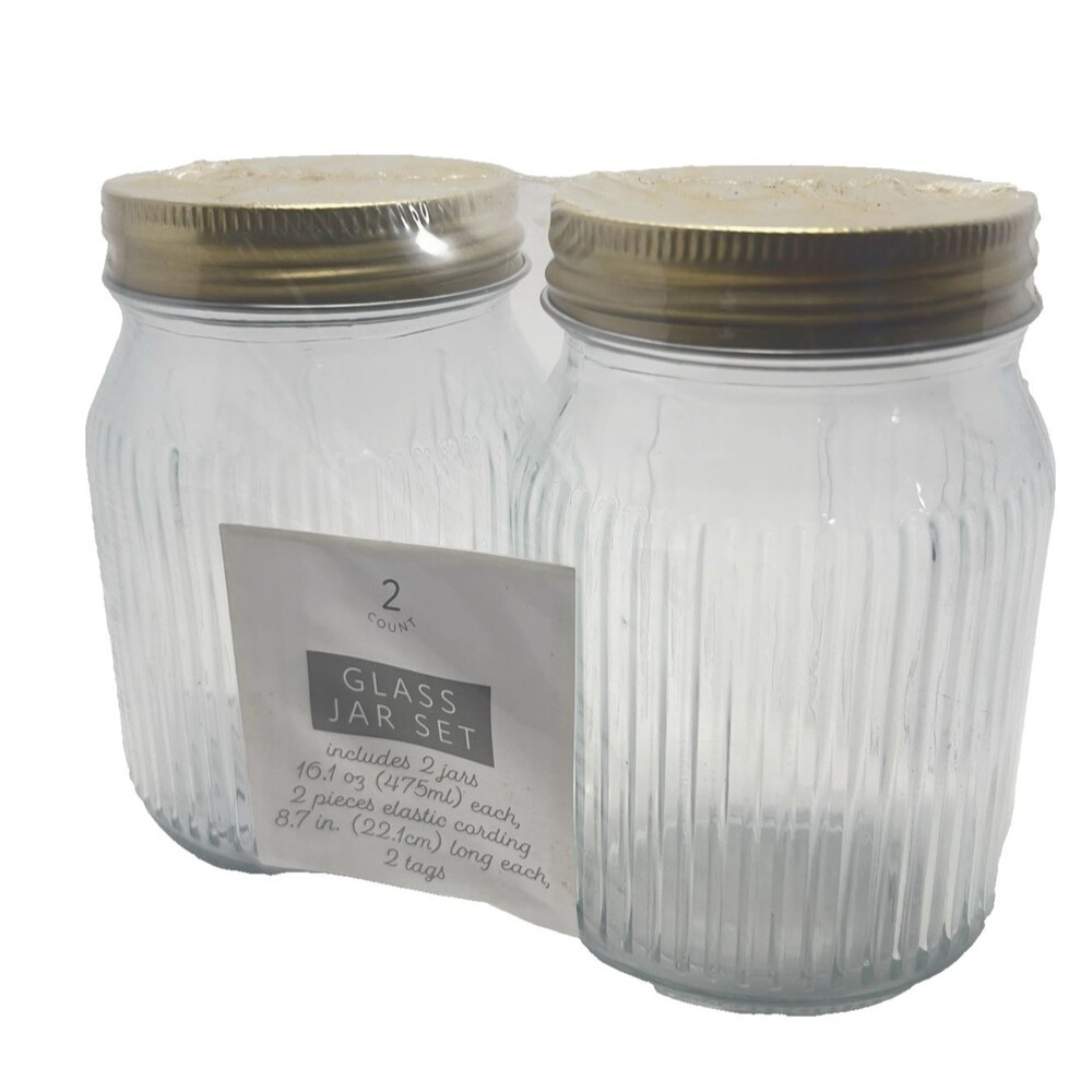 Brand NEW Set of 2 Ribbed Glass Jars w/ Lids, Tags for Gifting/ Crafts 16oz